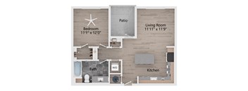 a floor plan of a living room with a bedroom and a kitchen