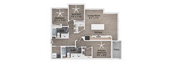 a floor plan of a living room with a bedroom and a kitchen
