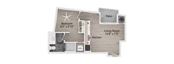 a floor plan of a living room with a bedroom and a kitchen