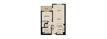 A floor plan of a house with a deck, bedroom, bathroom, wardrobe, dining room, kitchen, and living room.