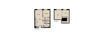 A floor plan of an apartment with an entry level, a loft level, and a living area.