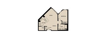 A floor plan of a house with a living room, dining room, kitchen, and bedroom.
