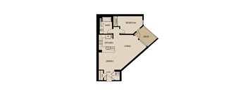 A floor plan of a small apartment with a kitchen, living room, and bedroom.
