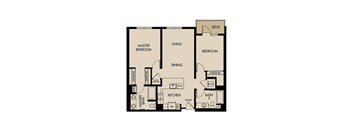 A floor plan of a house with a master bedroom, two bedrooms, a living room, a dining room, a kitchen, a master bath, a second bath, and a deck.
