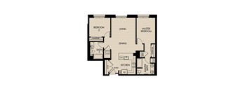 A floor plan of a house with two bedrooms, a living room, a dining room, a kitchen, and two bathrooms.