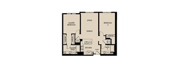 A floor plan of a house with two master bedrooms, a living room, a dining room, a kitchen, two bathrooms, and a wardrobe.