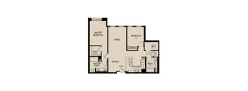 A floor plan of a house with two master bedrooms, a living room, a dining room, a kitchen, two bathrooms, a walk-in closet, and a home office.