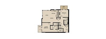 A floor plan of a house with two master bedrooms, a living room, kitchen, dining room, two bathrooms, and a deck.