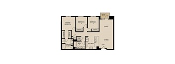 A floor plan of a house with a master bedroom, two additional bedrooms, a living area, a dining area, a kitchen, a master bath, and a laundry room.