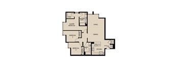 A floor plan of a house with a living room, dining room, kitchen, and three bedrooms.