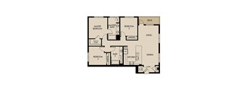A floor plan of a house with three bedrooms, a kitchen, a dining area, a living room, a master bath, and a deck.