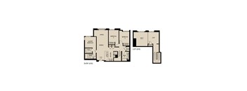 A floor plan of an apartment with two bedrooms, a living room, a dining room, a master bath, and a laundry room.