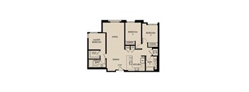 A floor plan of a house with a master bedroom, two living areas, two bedrooms, a dining area, a kitchen, and two bathrooms.