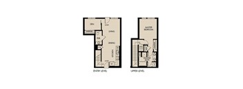 A floor plan of a two level home with a den, dining room, kitchen, living room, master bedroom, and bathroom on the upper level.