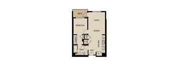 A floor plan of a house with a deck, living room, dining room, kitchen, bathroom, and bedroom.