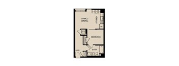 A floor plan of a small apartment with a bedroom, bathroom, and living/dining area.