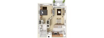 A floor plan of a small apartment with a bedroom, living room, and kitchen.