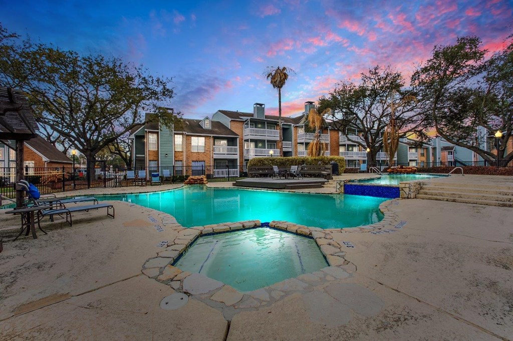 Community Pool and Spa Twilight  at Oaks at Greenview, Houston, TX, 77015