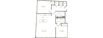 A floor plan of a house with a living room, kitchen, and two bedrooms.