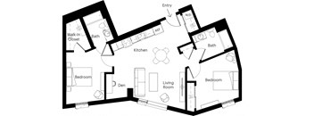 a floor plan of a house with bedrooms and baths and a living room and kitchen