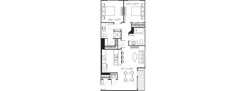 A floor plan of a house with a kitchen, living room, dining room, and bathroom.