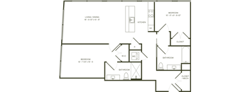 A floor plan of a house with a living and dining area, kitchen, two bedrooms, two bathrooms, and a closet.
