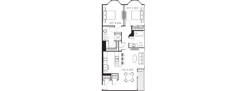 A floor plan of a house with a living room, dining room, kitchen, and bathrooms.