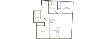 A floor plan of a house with three bedrooms, a bathroom, a kitchen, and a living/dining area.