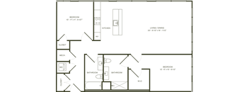 A floor plan of a house with two bedrooms, a living/dining area, two bathrooms, a kitchen, a closet, and a WC.