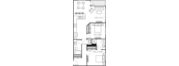 A floor plan of a house with a living room, dining room, kitchen, and bathrooms.