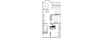 A floor plan of a house with a living room, dining room, kitchen, and bathrooms.