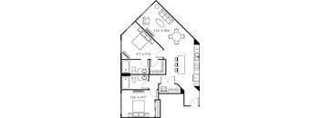 A black and white image of a house floor plan with a kitchen, living room, and bathroom.