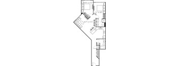 A floor plan of a house with a kitchen, living room, and bathroom.