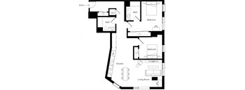 a floor plan of a house with a footprint of a living room and a kitchen