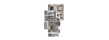 A floor plan of a house with a kitchen, living room, dining room, and two bedrooms.