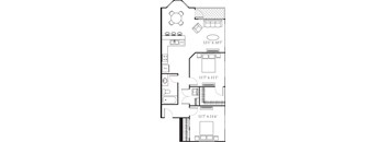 A floor plan of a house with a kitchen, living room, and dining area.