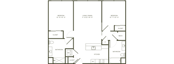 A floor plan of a house with three bedrooms, a living/dining area, a kitchen, two bathrooms, and closets.