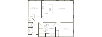 A floor plan of a house with two bedrooms, a living/dining area, two bathrooms, a kitchen, a mechanical room, and two closets.