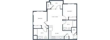 A black and white image of a house floor plan with a deck, two bedrooms, a living/dining area, two bathrooms, a kitchen, and a coat closet.
