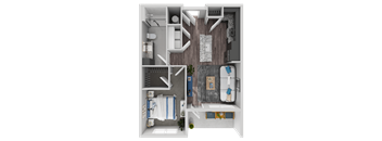 A top-down view of a small apartment with a kitchen, living room, and bedroom.