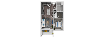 A top-down view of a small apartment with a bedroom, living room, and kitchen area.