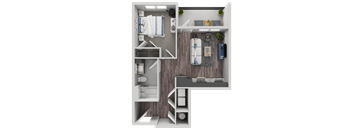A 3D floor plan of a small apartment with a bedroom, living room, and kitchen.