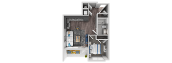 A 3D floor plan of a small apartment with a bedroom, living room, and kitchen.