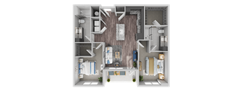 A top-down view of a small apartment layout with a living room, kitchen, and bedrooms.