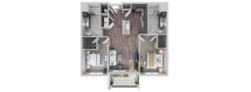 A top-down view of a small apartment layout with a living room, kitchen, and bedrooms.