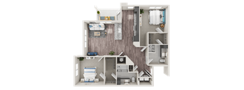 A 3D floor plan of a house with a kitchen, living room, and bathroom.