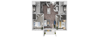 A top-down view of a modern apartment layout with a living room, kitchen, and two bedrooms.