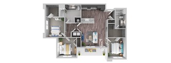 A 3D floor plan of a small apartment with two bedrooms, a living room, a kitchen, and a bathroom.