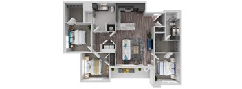 A 3D floor plan of a small apartment with a kitchen, living room, and bathroom.