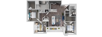 A 3D floor plan of a small apartment with a kitchen, living room, and bathroom.